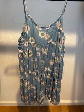 Sleeveless Blue Floral Sundress with Pink & Yellow Blooms